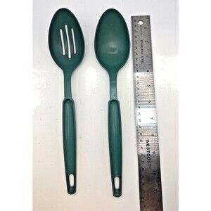 2 Vintage EKCO Dark Green Plastic Nylon Cooking Serving Slotted Spoon & reg USA